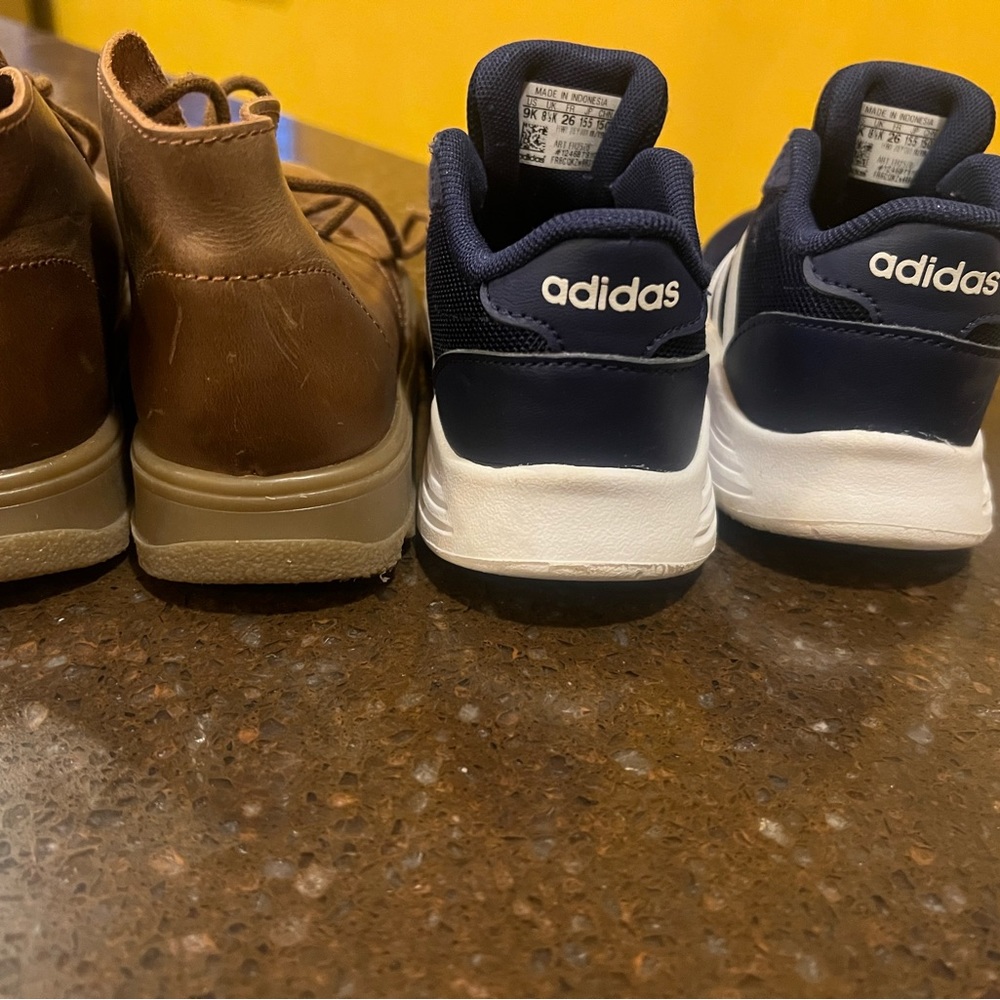 2 pair of toddlers shoes. 1 pair of Zara boots. 1 pair of Adidas gym shoes